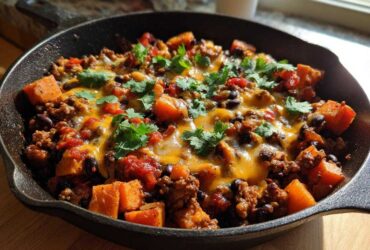 Close-up of a savory sweet potato skillet with ground meat, black beans, melted cheese, and cilantro in a cast iron pan.