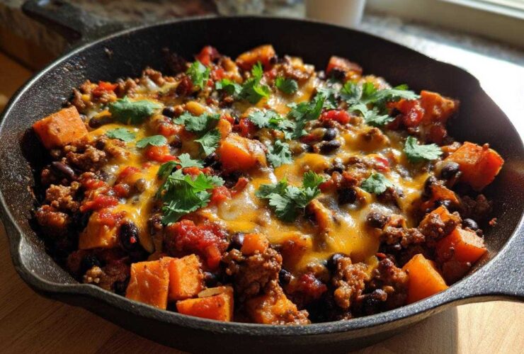 Close-up of a savory sweet potato skillet with ground meat, black beans, melted cheese, and cilantro in a cast iron pan.