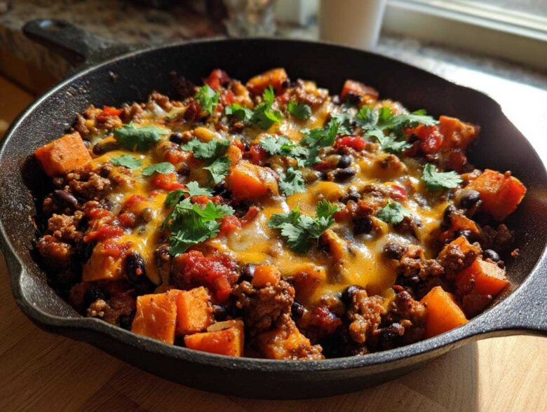 Close-up of a savory sweet potato skillet with ground meat, black beans, melted cheese, and cilantro in a cast iron pan.