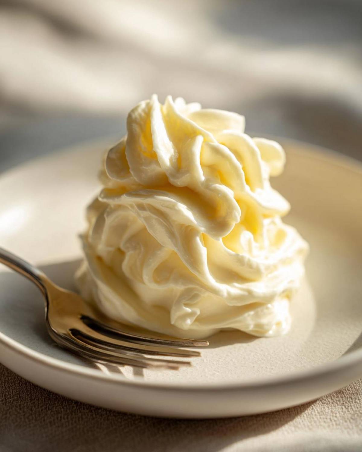 A close-up of a rich, creamy swirl of homemade alfredo sauce served on a small white plate next to a fork.
