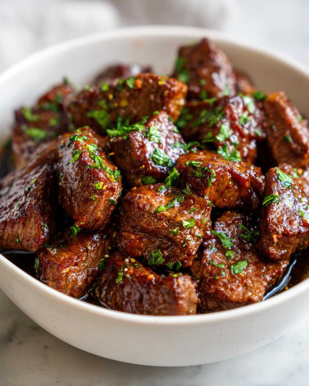 Close-up of tender, glazed crockpot steak bites served in a white bowl and topped with fresh chopped parsley.