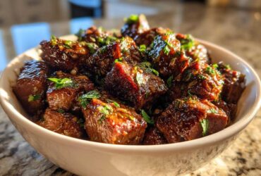 Close-up of tender crockpot steak bites coated in a rich, dark glaze and topped with fresh green herbs.