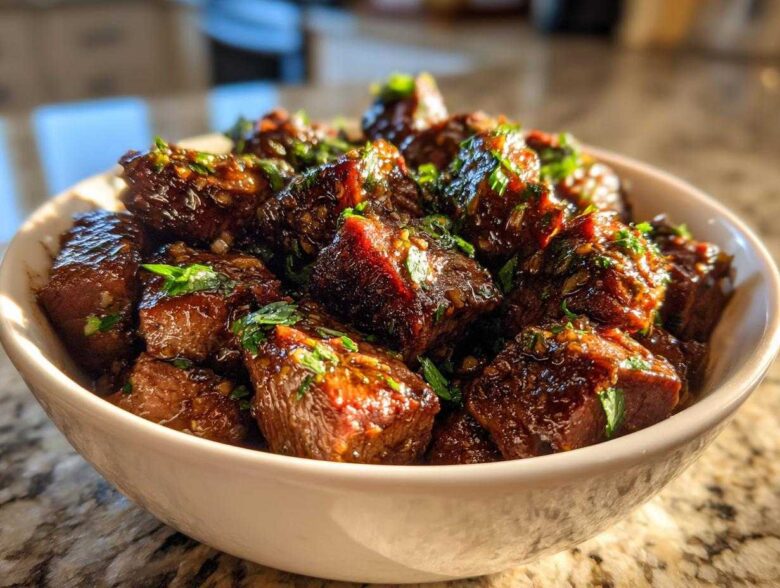 Close-up of tender crockpot steak bites coated in a rich, dark glaze and topped with fresh green herbs.
