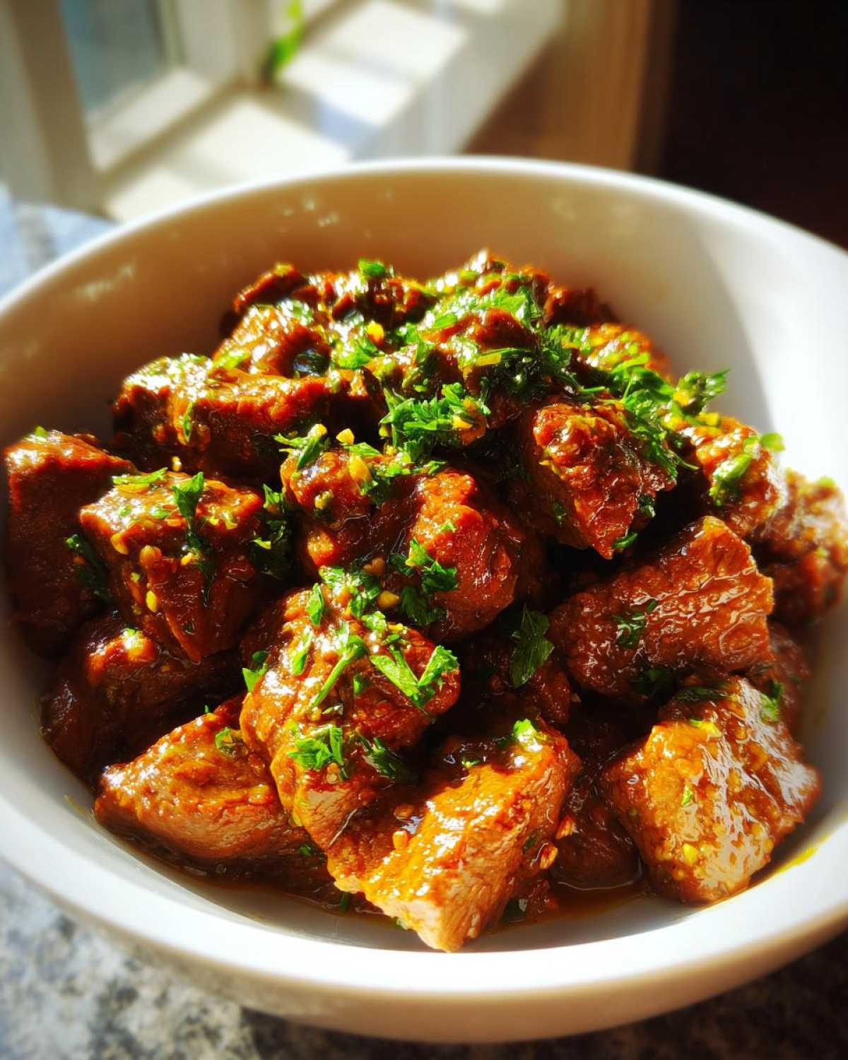 Close-up of tender crockpot steak bites coated in a rich sauce and topped with fresh chopped parsley.