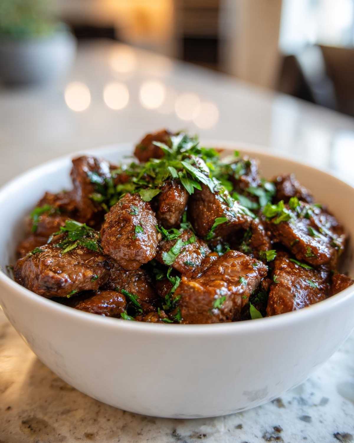 Close-up of tender crockpot steak bites coated in sauce and topped with fresh chopped parsley in a white bowl.
