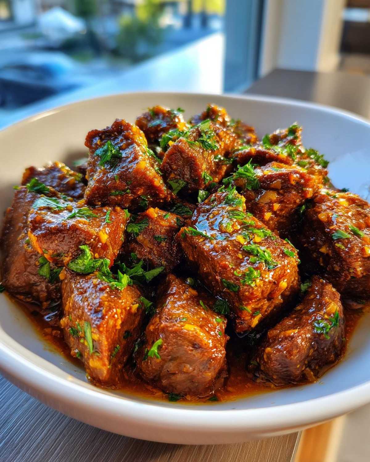 Close-up of tender crockpot steak bites coated in a savory brown sauce and garnished with fresh parsley.