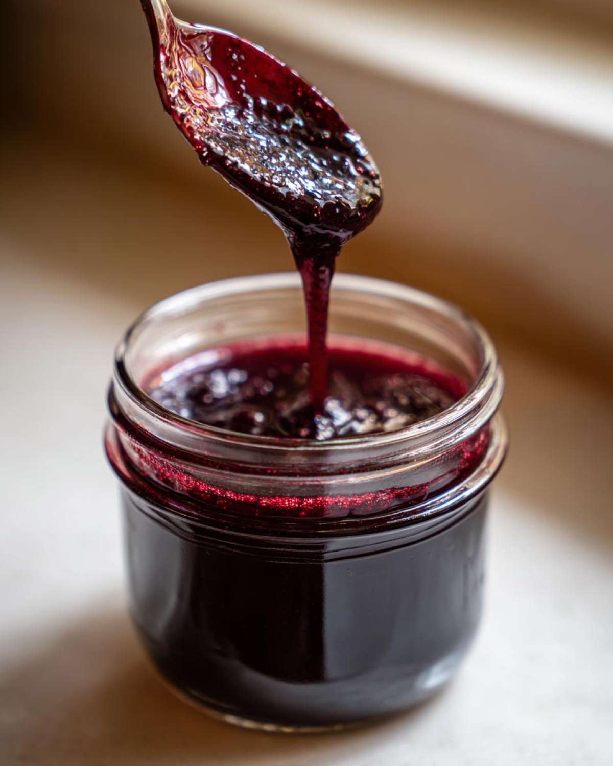 A spoonful of thick, dark purple elderberry syrup recipe drips back into a small glass jar.