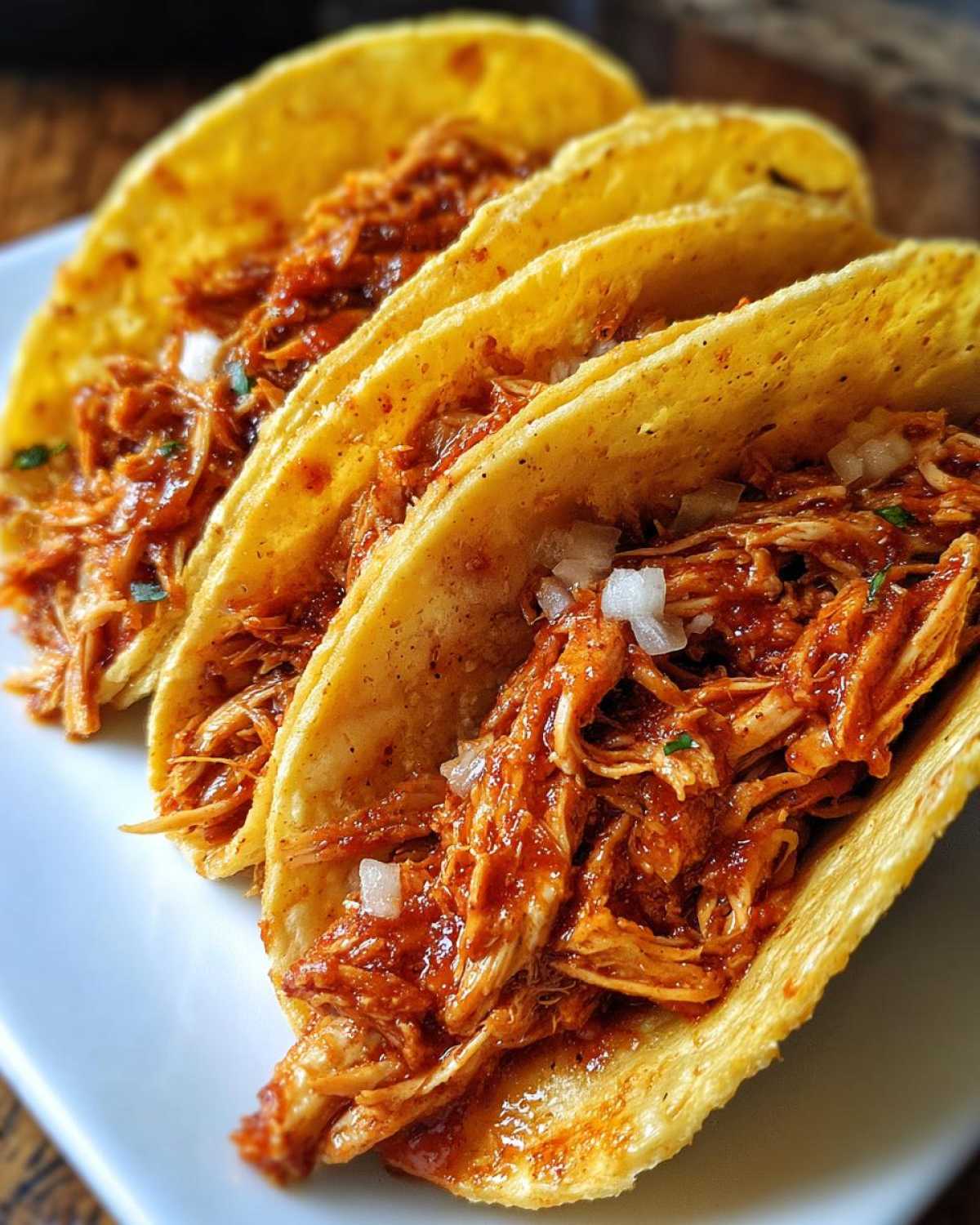 Close-up of three hard-shell chicken tacos filled with saucy shredded chicken and diced white onion.