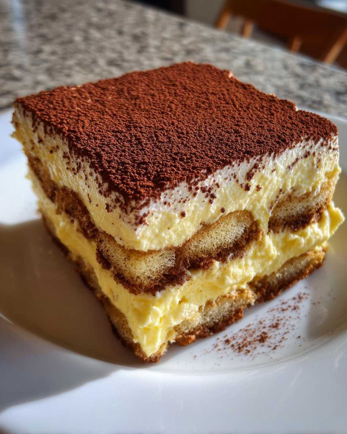 A close-up of a perfect square slice of tiramisu recipe, showing layers of cream and coffee-soaked ladyfingers, dusted heavily with cocoa powder.
