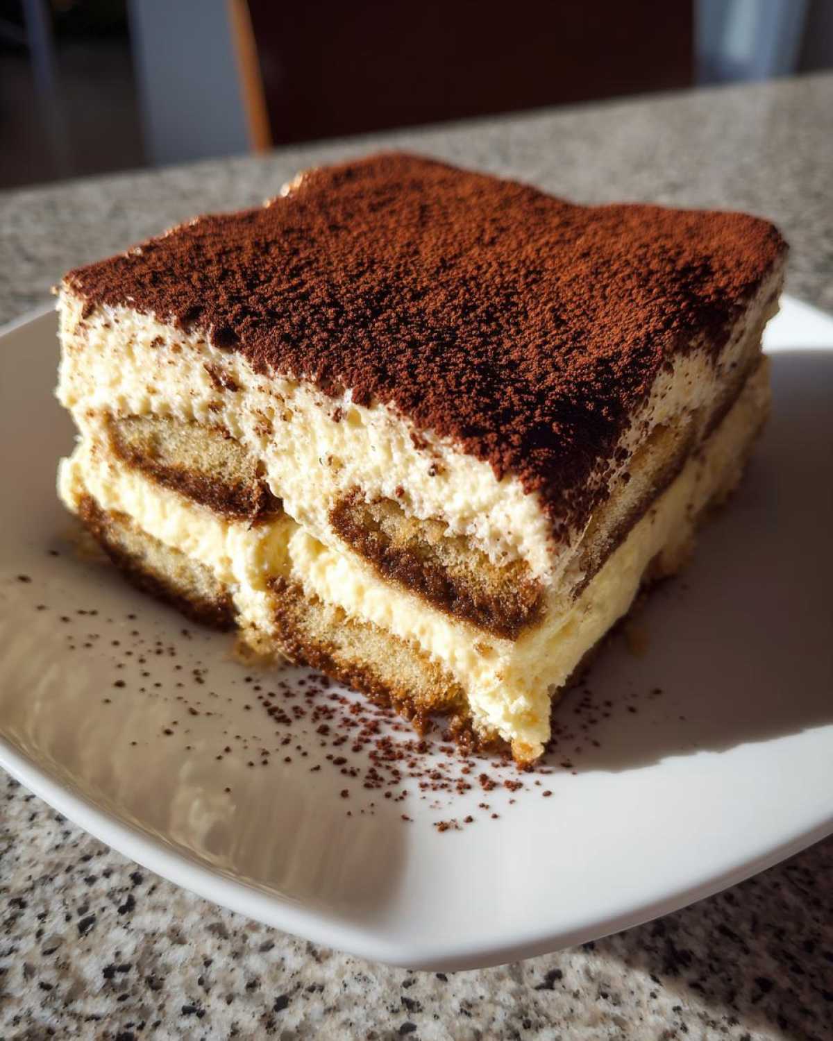 A decadent square slice of tiramisu recipe, layered with cream and dusted heavily with cocoa powder.