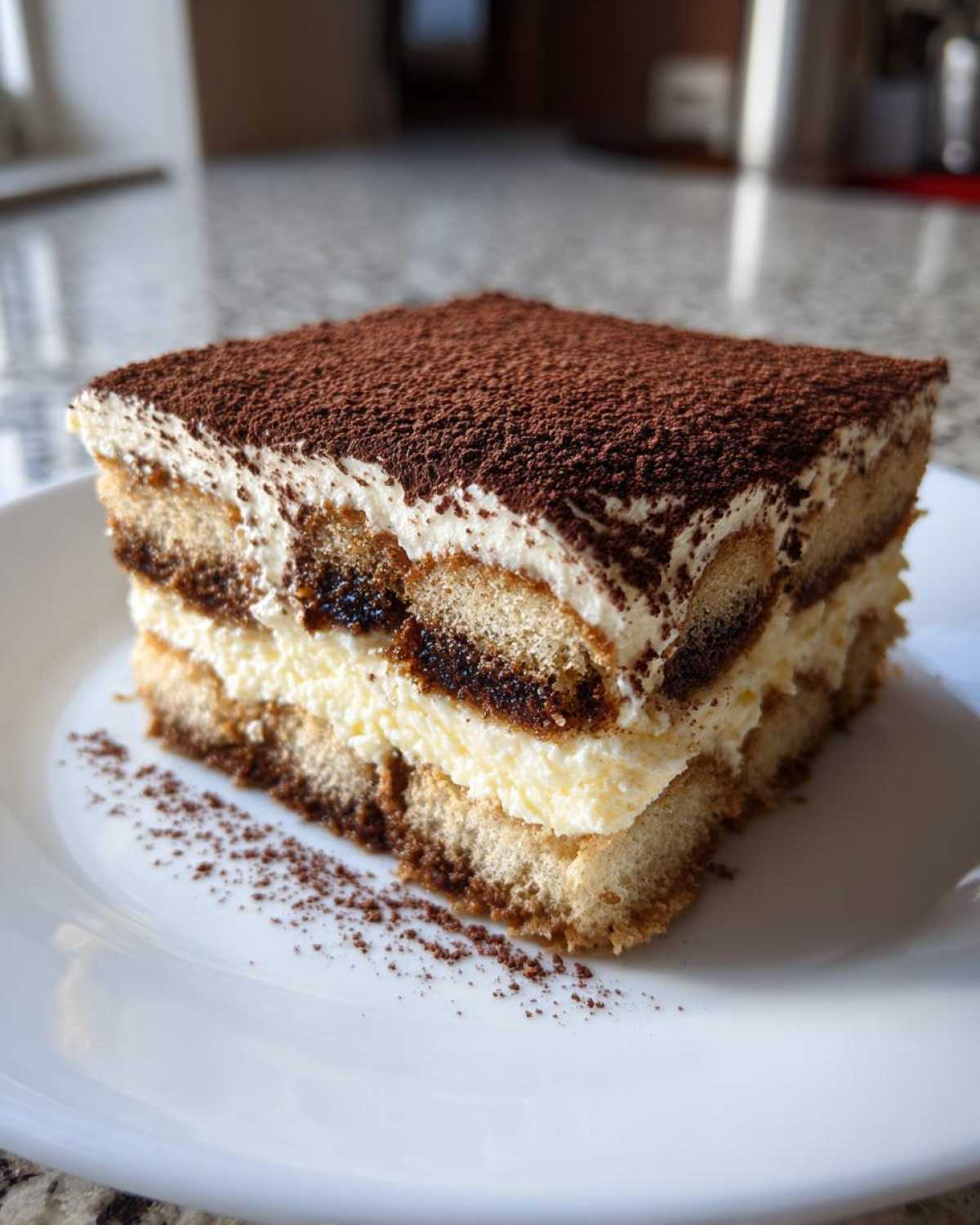 A perfect square slice of layered tiramisu recipe dessert dusted heavily with cocoa powder.