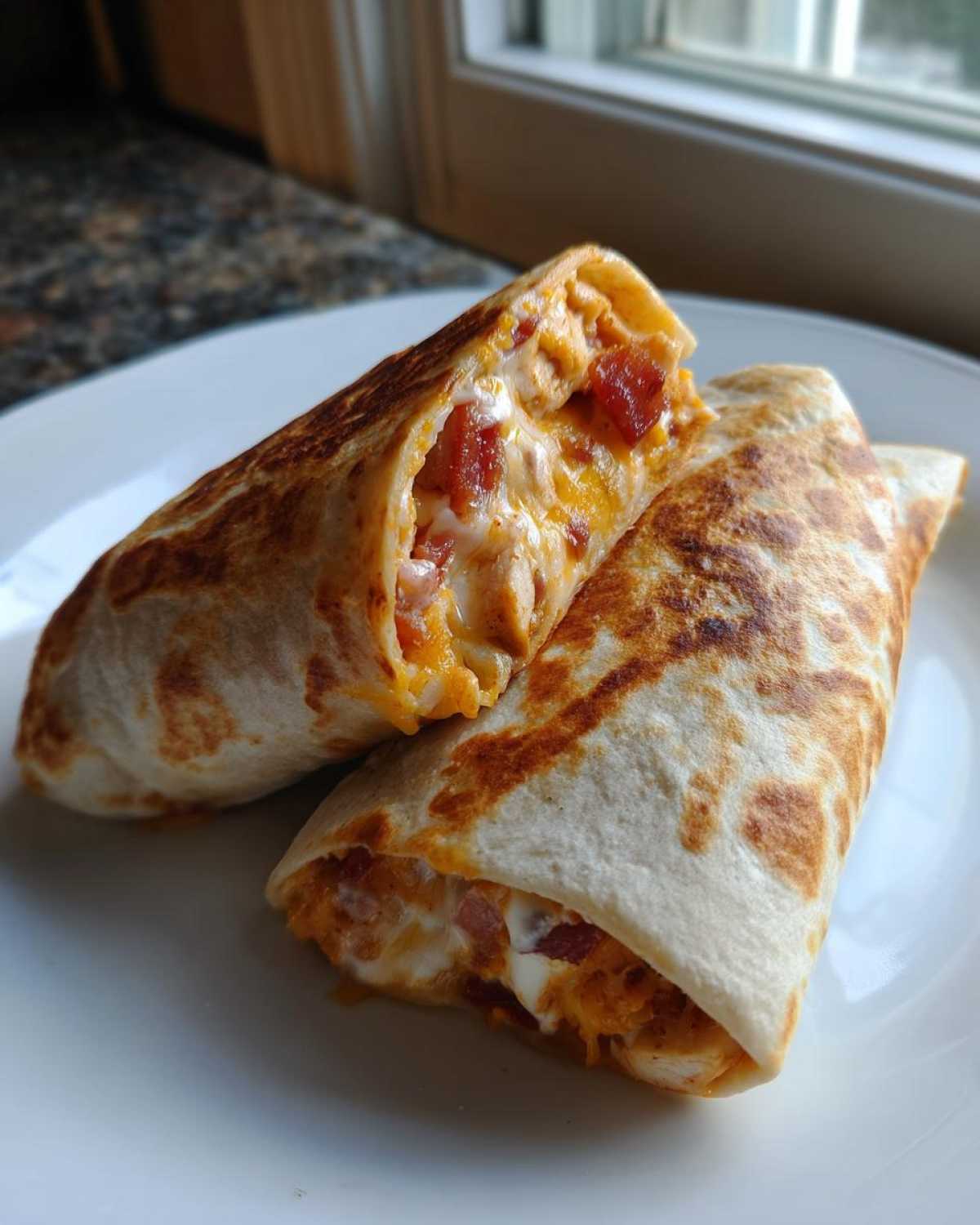 Two halves of a toasted chicken bacon ranch wrap cut open, revealing melted cheese, chicken, and bacon filling.