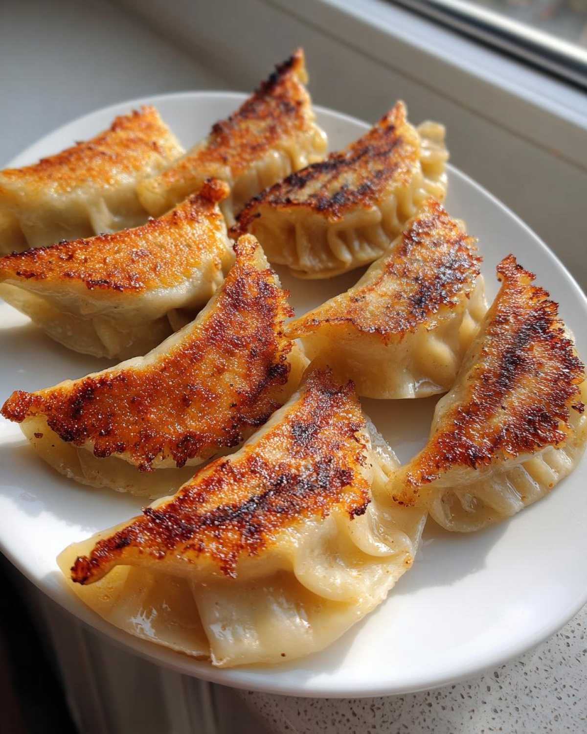 A plate of seven golden-brown, pan-fried Traditional Chinese Dumplings with crispy bottoms.