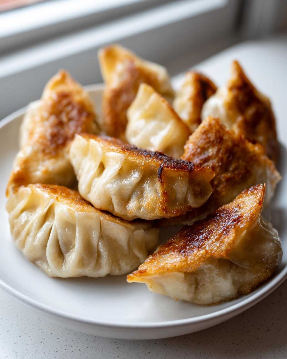 A close-up of several golden-brown, pan-fried Traditional Chinese Dumplings piled on a white plate.