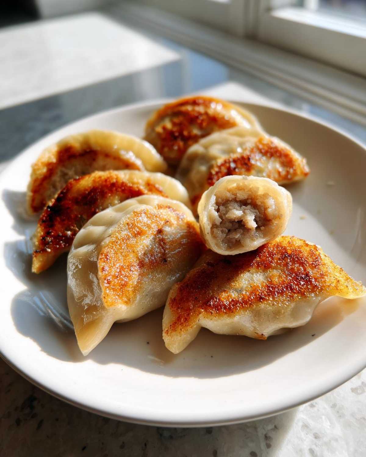 Close-up of pan-fried Traditional Chinese Dumplings, one cut open showing the savory filling.