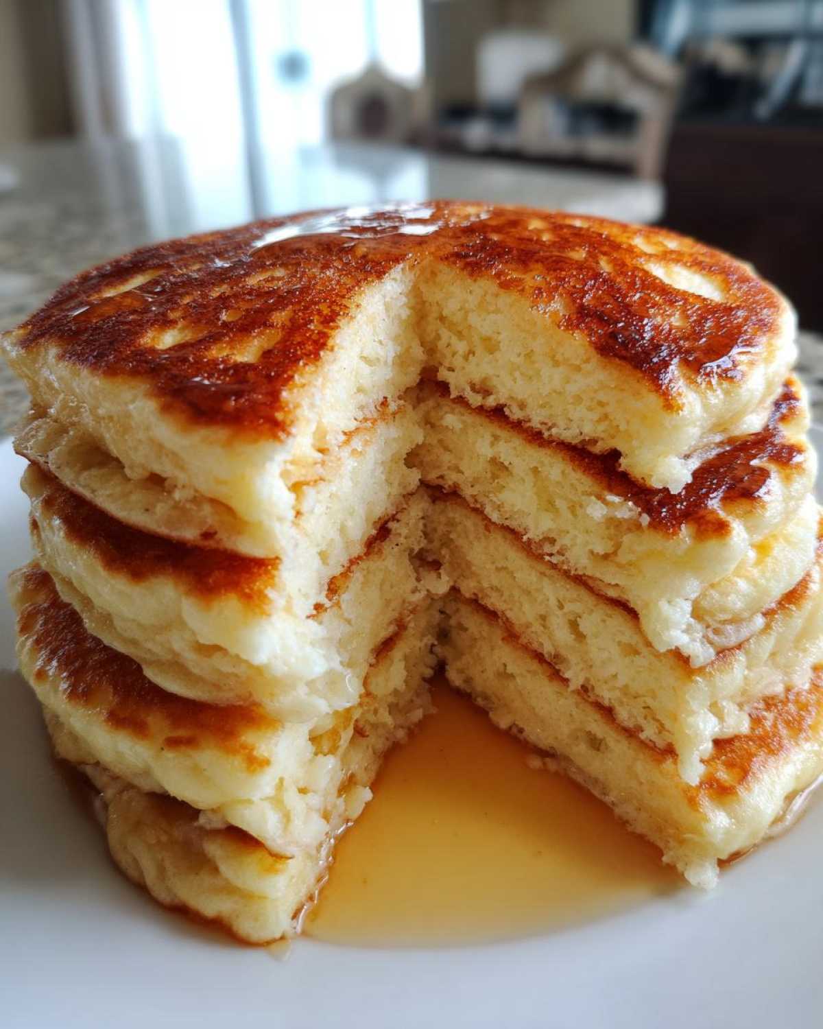 A stack of ultra fluffy pancakes cut in half, showing the light, airy interior and golden tops drizzled with syrup.