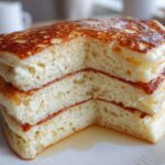 Close-up of a stack of three incredibly fluffy pancakes cut to show the airy interior, drizzled with syrup.