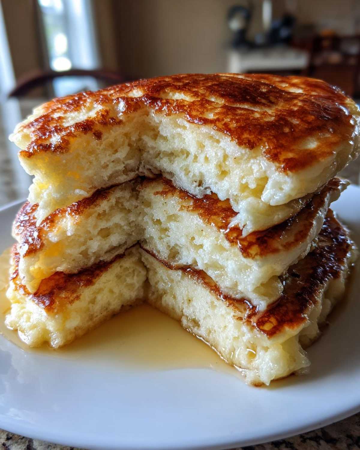 A stack of three incredibly fluffy pancakes, cut open to show the airy interior, drizzled with maple syrup.
