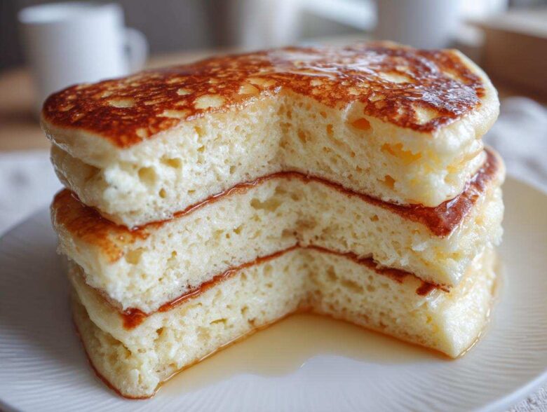 Close-up of a stack of three incredibly fluffy pancakes cut to show the airy interior, drizzled with syrup.