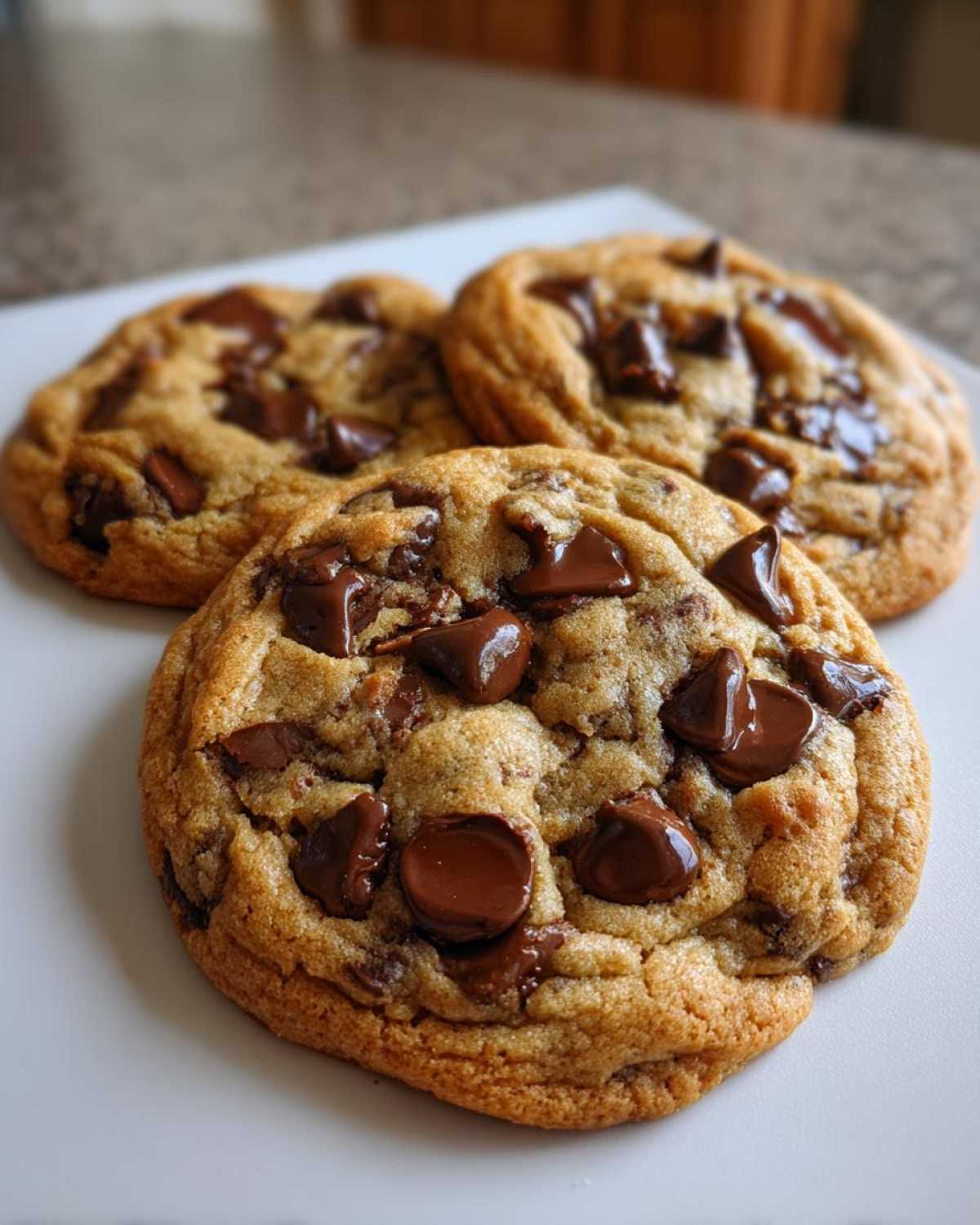 Three perfectly baked vegan chocolate chip cookies with melted chocolate chips on a white plate.