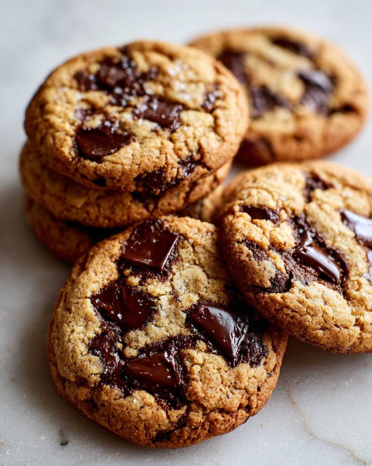 Close-up of several gooey vegan chocolate chip cookies stacked and scattered, featuring melted dark chocolate chunks.