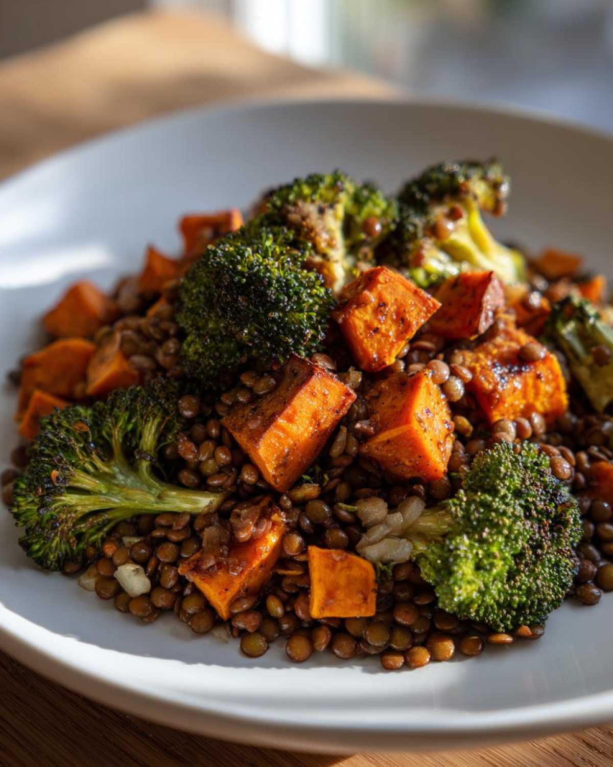 Close-up of a vibrant veggie lentil salad featuring brown lentils, roasted sweet potato cubes, and charred broccoli florets.