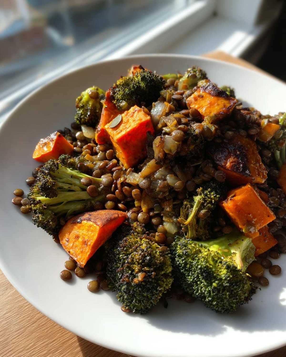 A close-up of a warm veggie lentil salad featuring brown lentils, roasted sweet potato chunks, and charred broccoli florets.