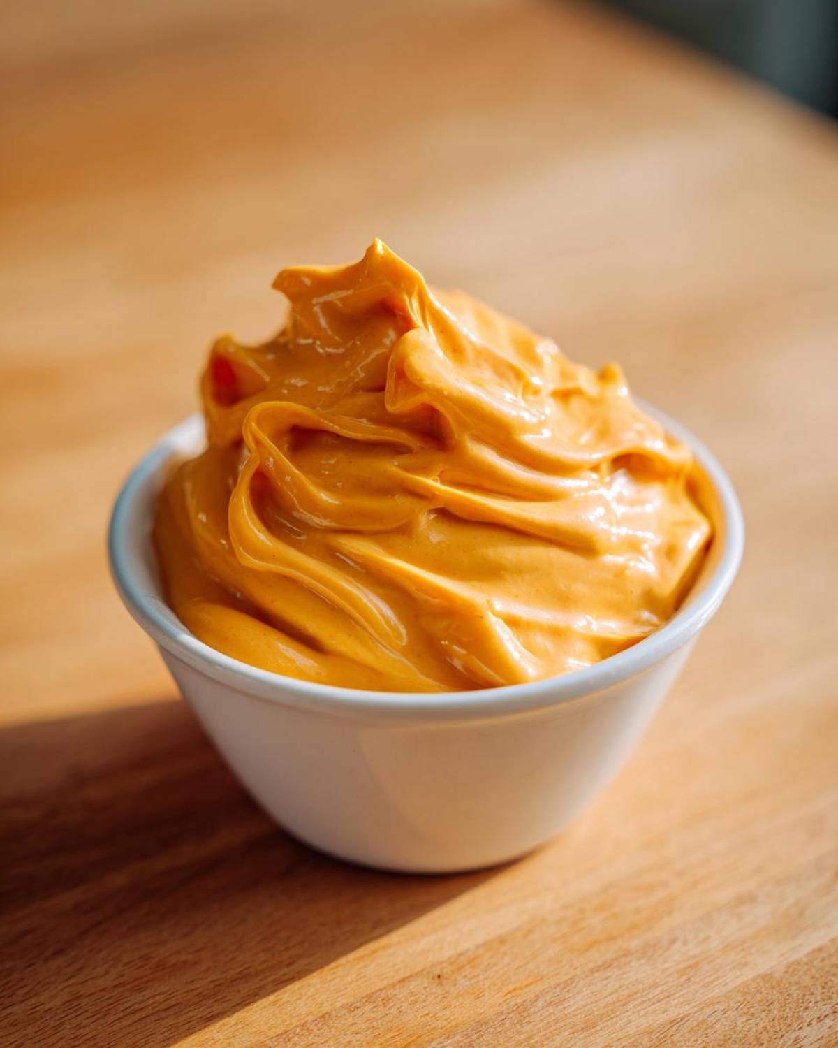A small white bowl filled with thick, bright orange nacho cheese sauce, sitting on a wooden surface.