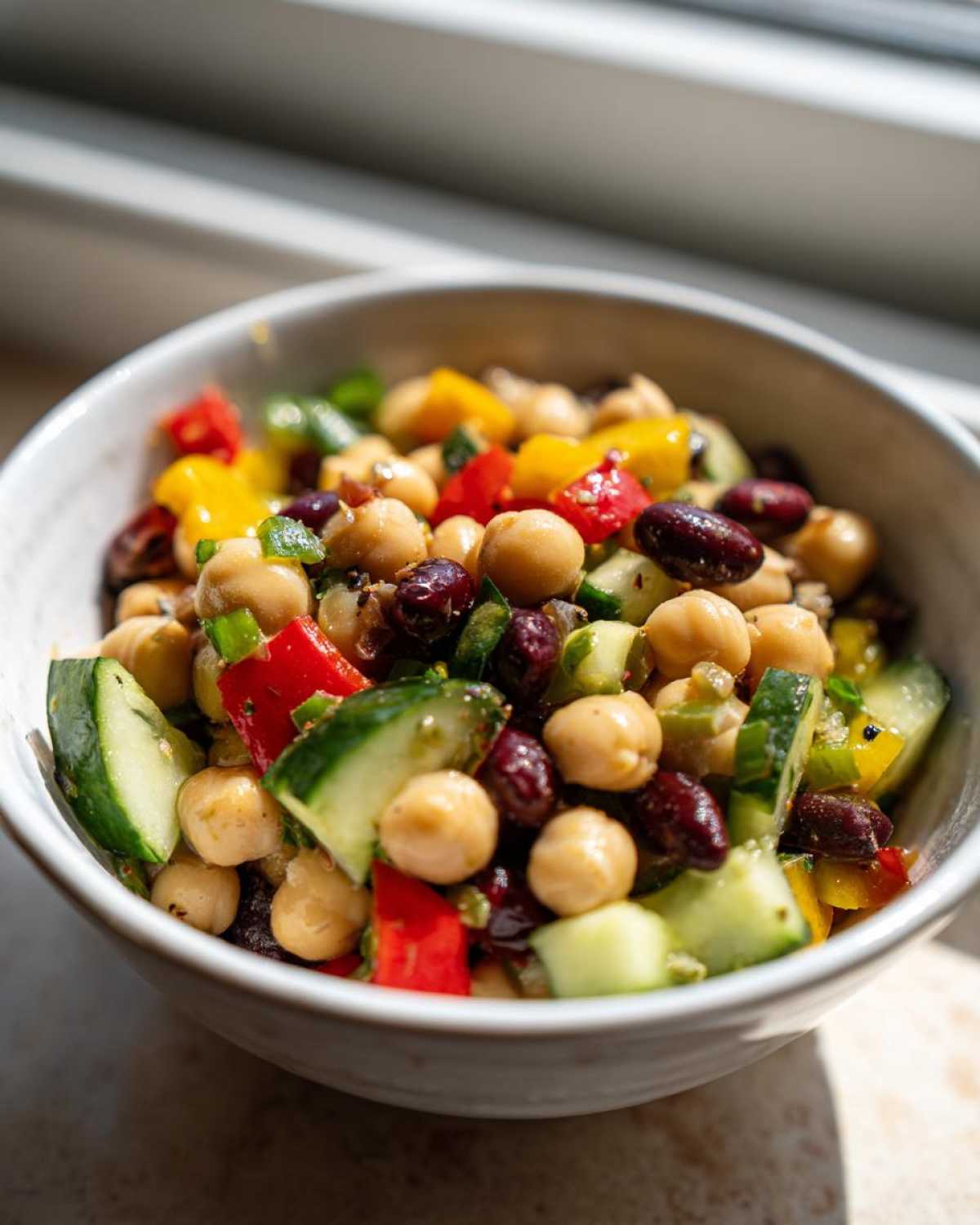Close-up of a fresh bean salad featuring chickpeas, kidney beans, cucumber, and bell peppers in a white bowl.