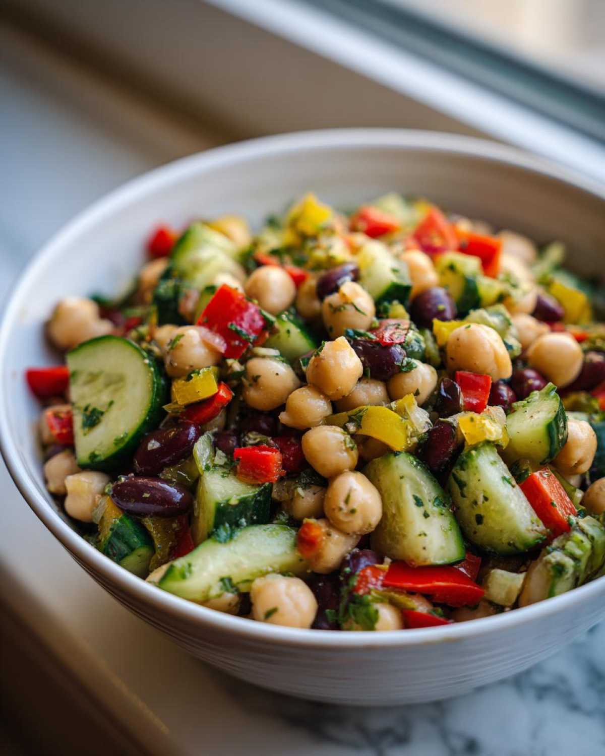 Close-up of a vibrant bean salad featuring chickpeas, cucumbers, red peppers, and olives in a white bowl.