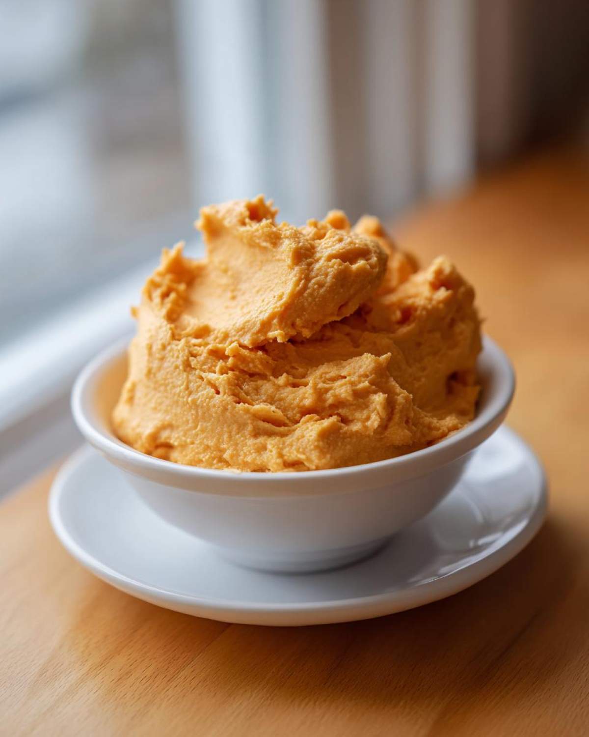 A close-up of vibrant orange pumpkin fluff dessert served in a small white bowl on a wooden surface.