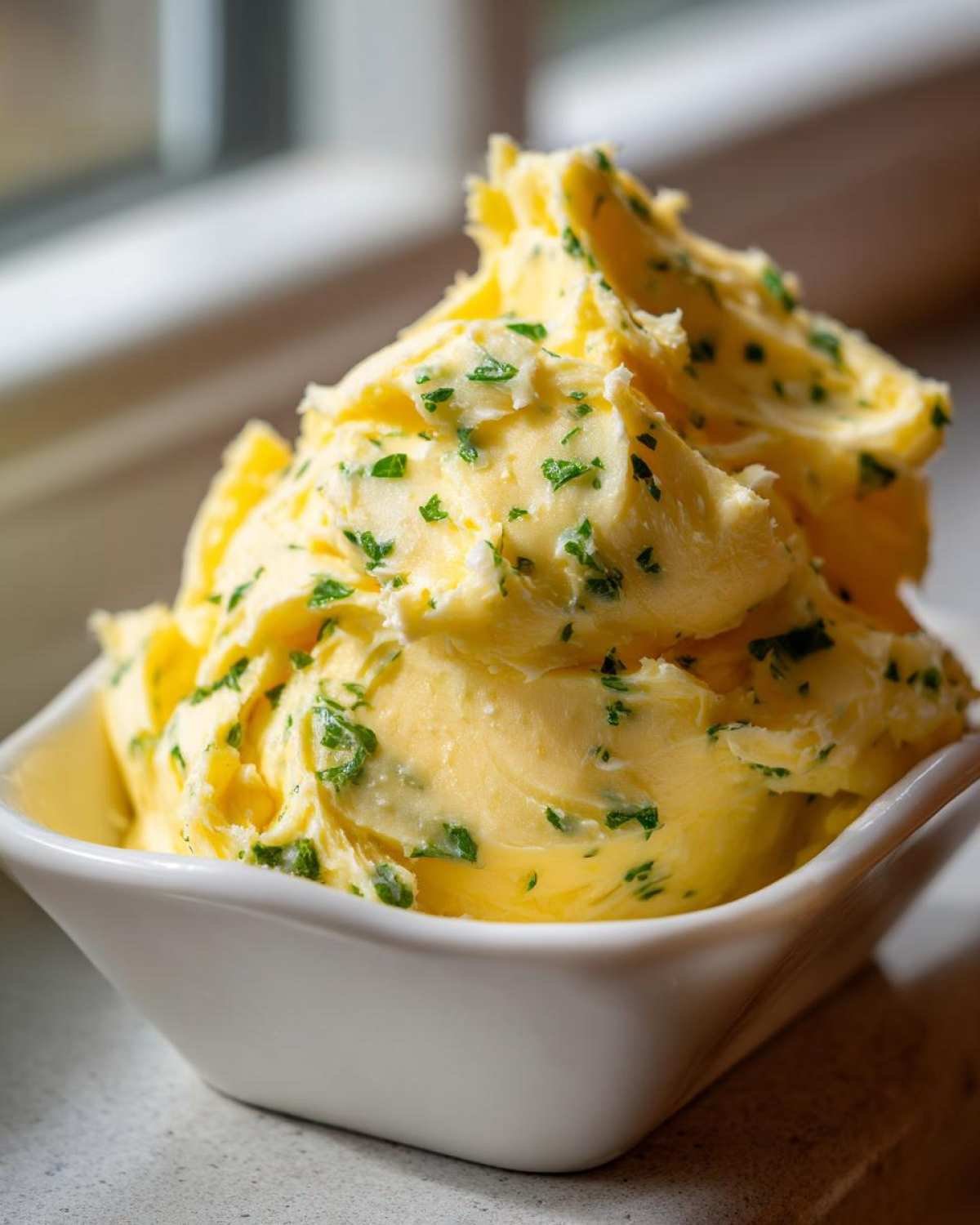 A mound of homemade garlic butter, whipped and mixed with green herbs, served in a small white bowl.