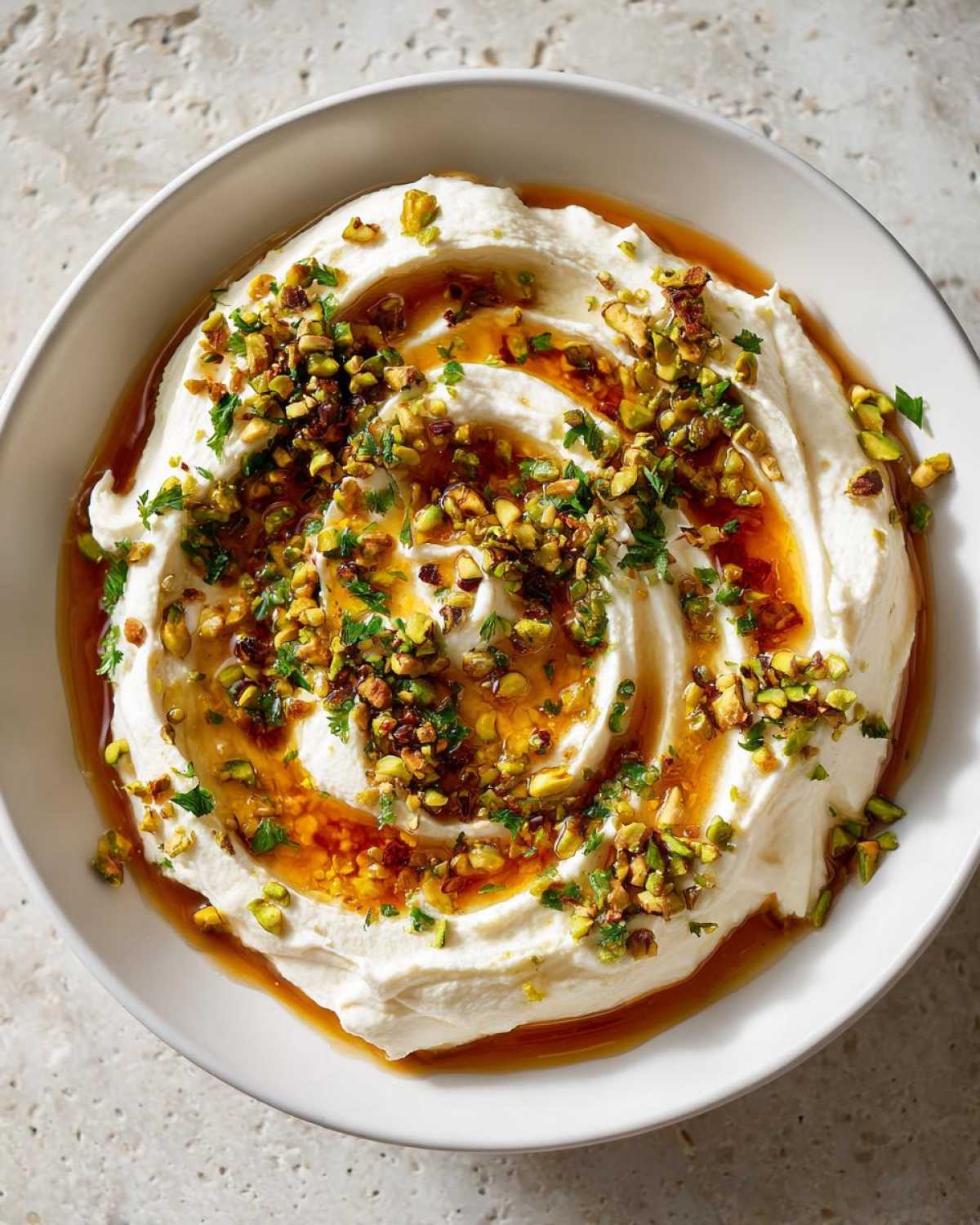 A bowl of creamy, whipped ricotta dip drizzled with honey and topped with chopped pistachios and herbs.