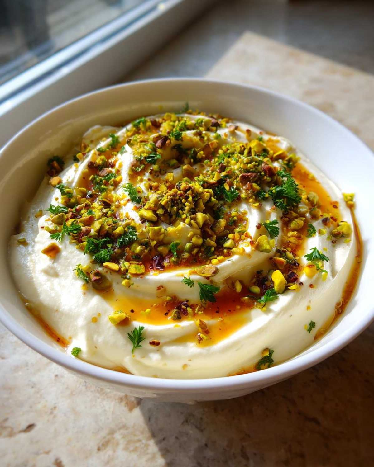 Close-up of a creamy, whipped ricotta dip garnished generously with chopped pistachios, parsley, and drizzled chili oil.