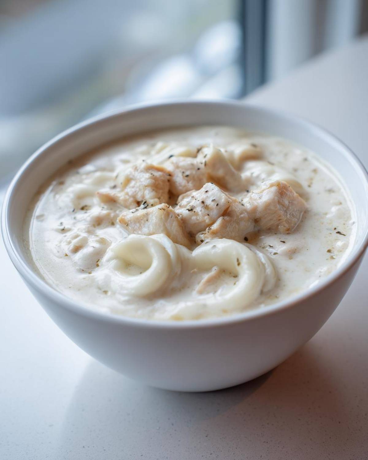 Close-up of a white bowl filled with rich white chicken lasagna soup, featuring chunks of chicken and lasagna noodles.