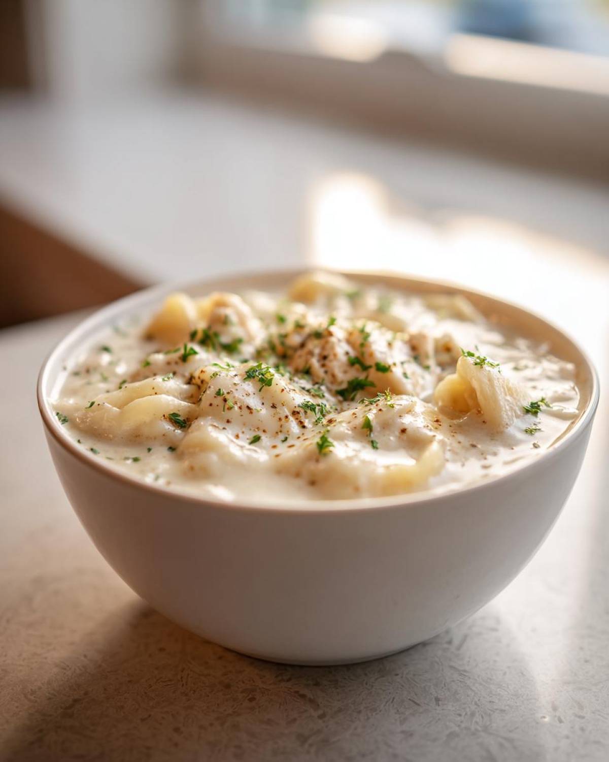 A close-up of a white bowl filled with creamy white chicken lasagna soup, garnished with parsley and pepper.