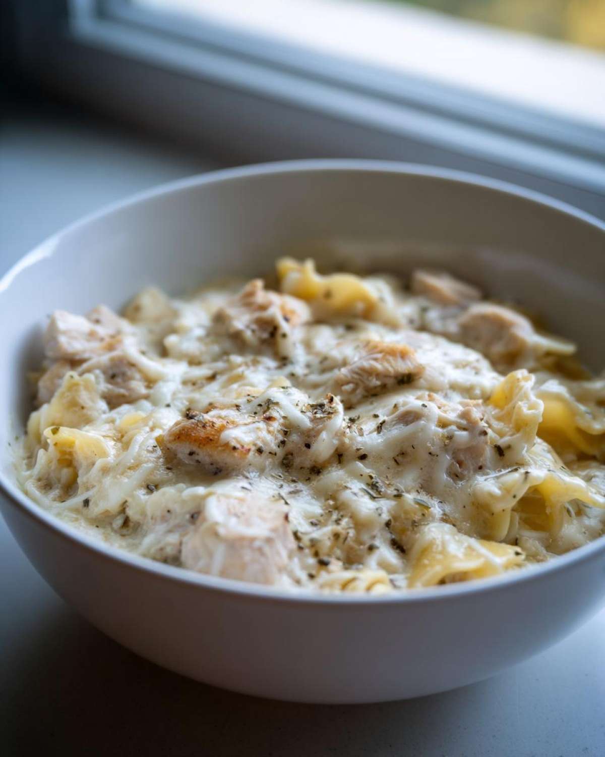 Close-up of a white bowl filled with creamy white chicken lasagna soup, topped with melted cheese and herbs.