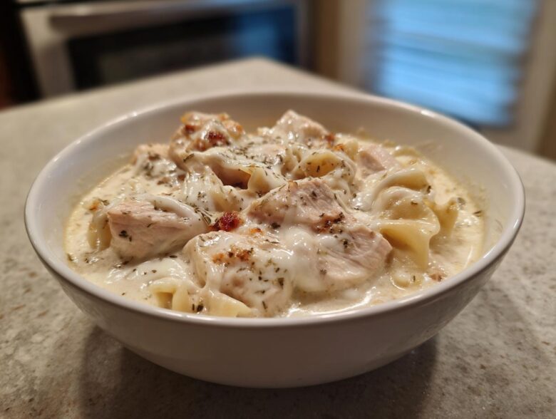 A close-up of a white bowl filled with rich white chicken lasagna soup, featuring chunks of chicken and noodles in a creamy sauce.