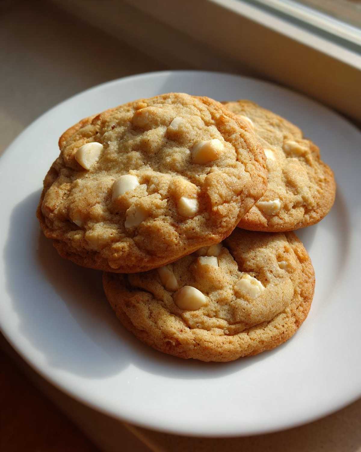 Three golden brown white chocolate macadamia nut cookies stacked slightly on a white plate near a window.