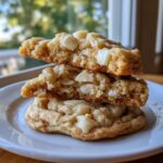 Stack of three white chocolate macadamia nut cookies, with the top two broken open to show the chewy interior and chunks of white chocolate.