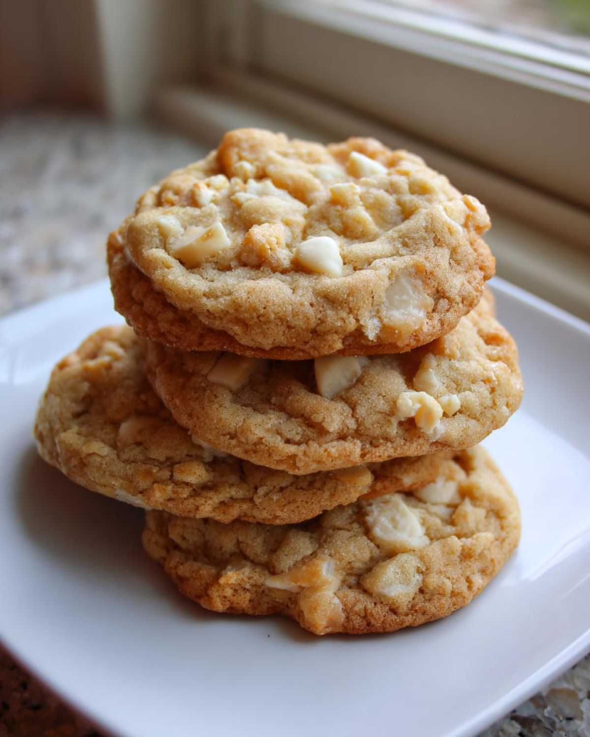 A stack of four golden brown white chocolate macadamia nut cookies on a white plate.