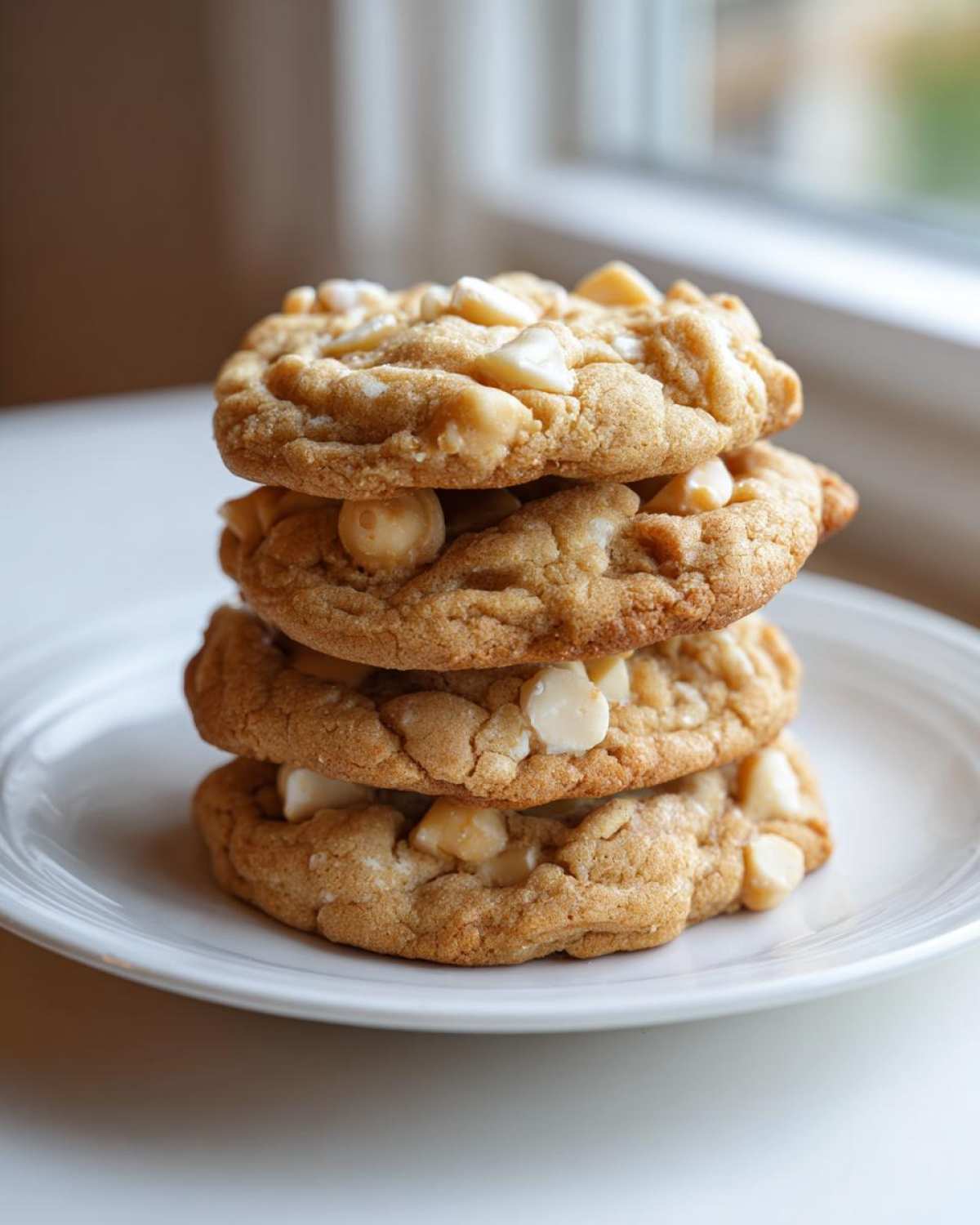 A stack of four golden brown white chocolate macadamia nut cookies resting on a white plate.