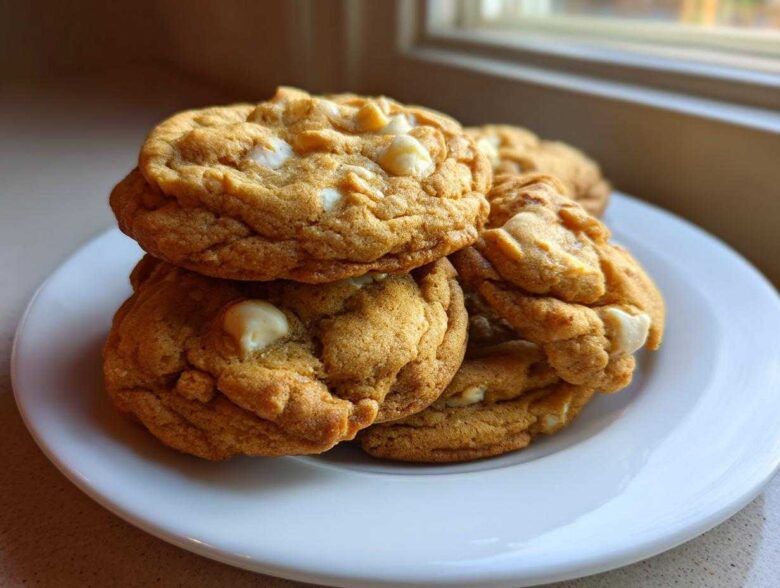 A stack of freshly baked, golden brown white chocolate macadamia nut cookies on a white plate.
