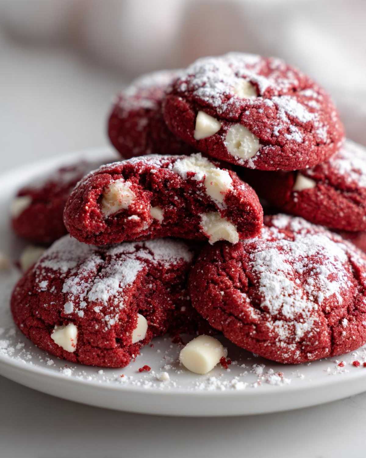 A stack of soft, fudgy red velvet cake mix cookies with white chocolate chips, dusted with powdered sugar.