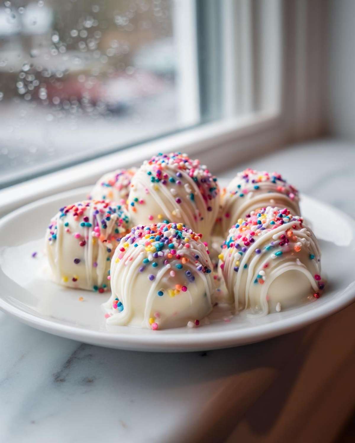Close-up of white chocolate sugar cookie truffles topped with colorful sprinkles on a white plate.