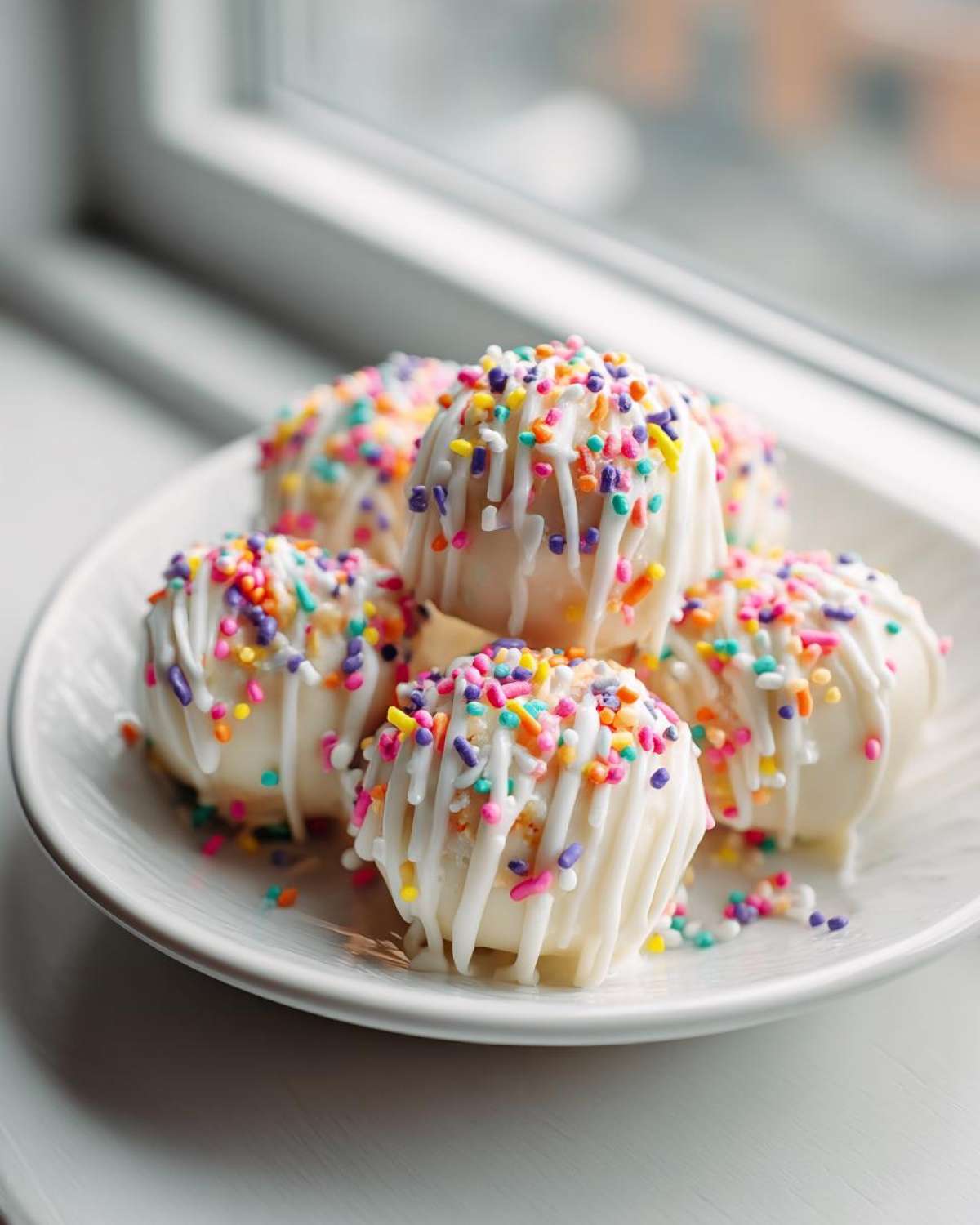 A plate of white chocolate coated sugar cookie truffles topped with colorful sprinkles and white drizzle.