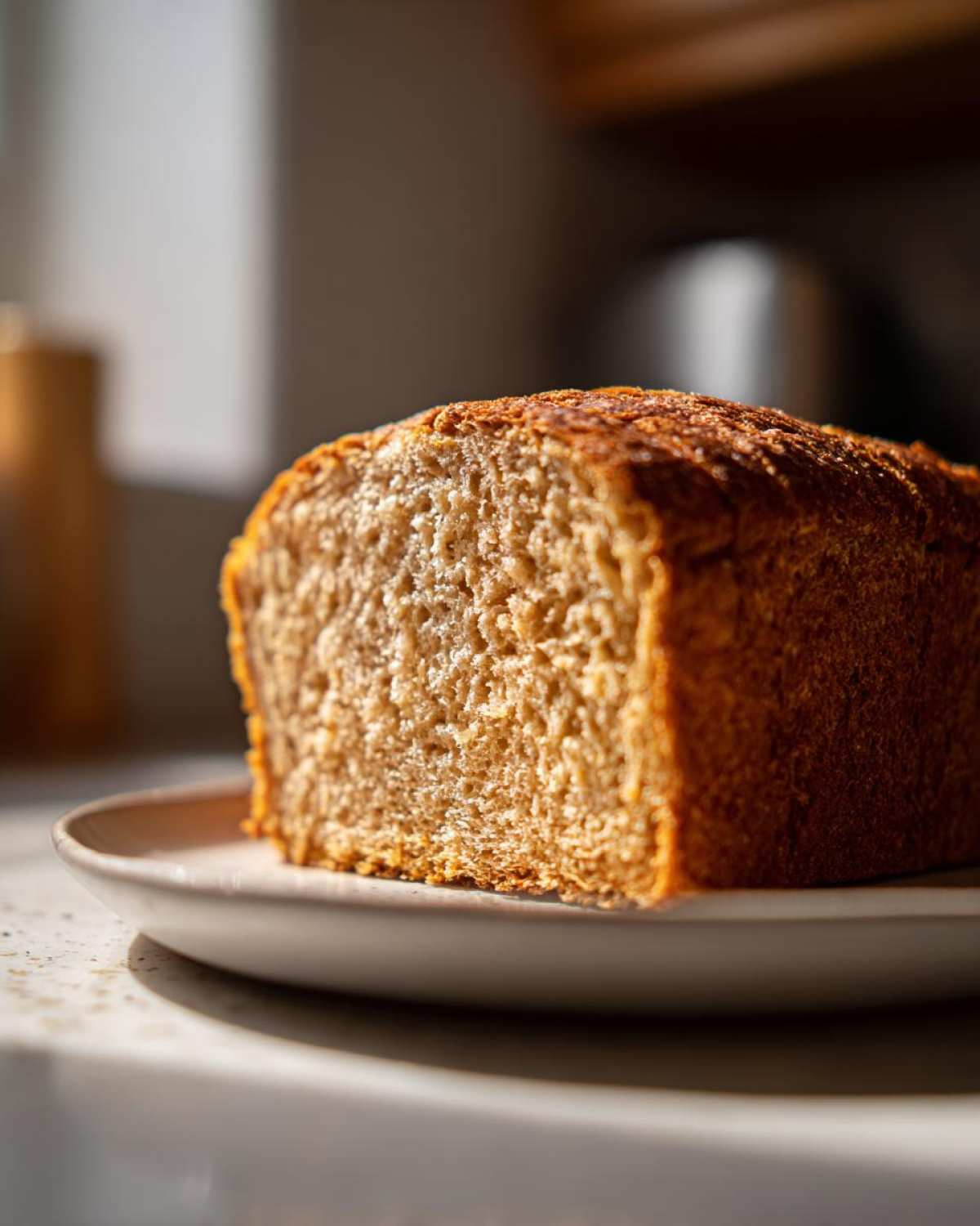 Close-up of a freshly baked whole wheat bread loaf showing its soft, even crumb structure.