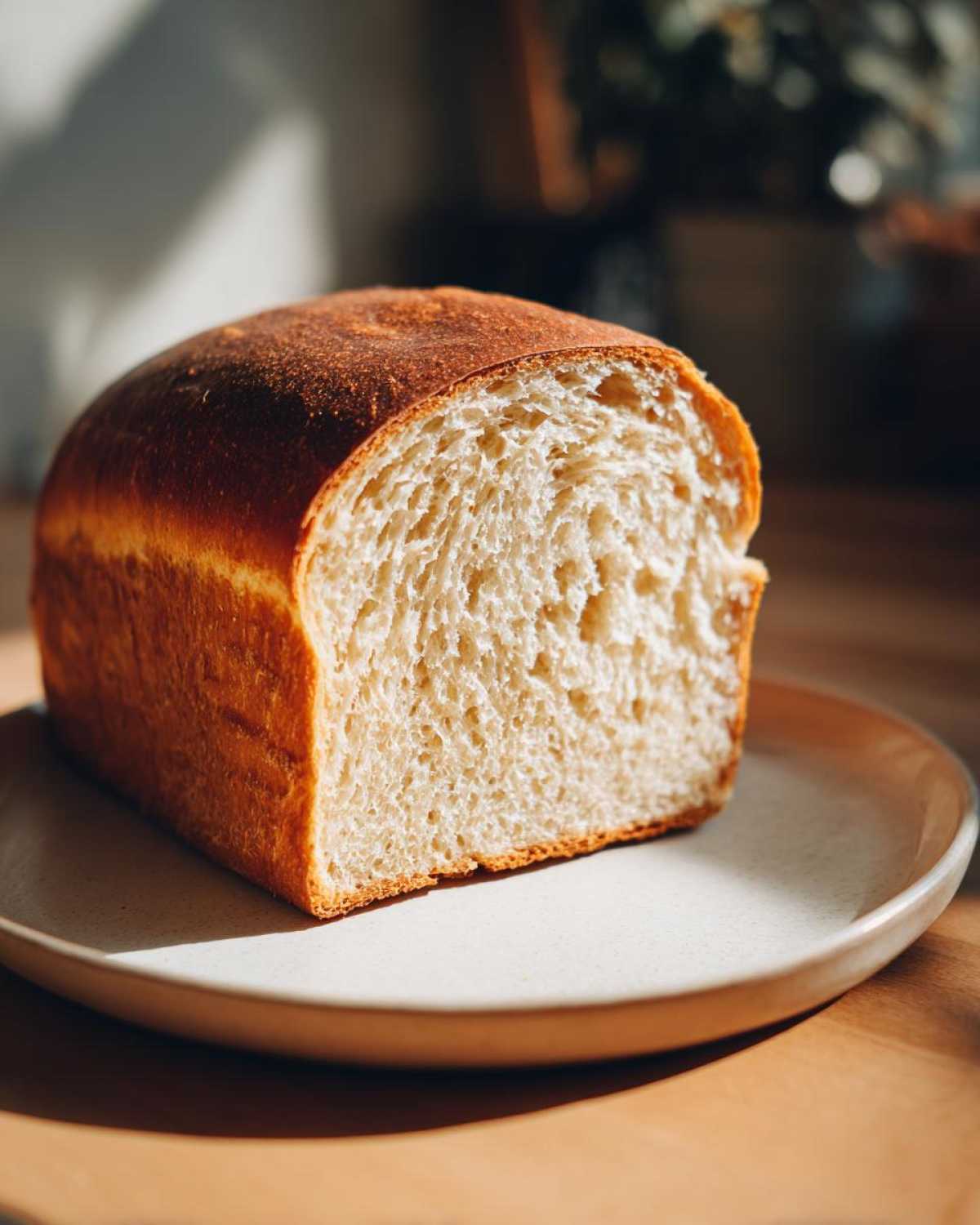 Close-up of a freshly baked whole wheat bread loaf, showing its soft interior crumb and golden crust.