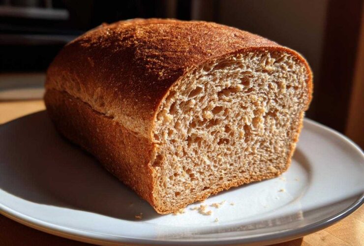 A freshly baked loaf of whole wheat bread, sliced to show the soft, brown crumb, sitting on a white plate.
