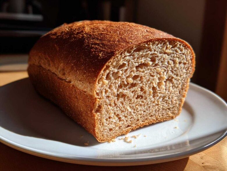 A freshly baked loaf of whole wheat bread, sliced to show the soft, brown crumb, sitting on a white plate.